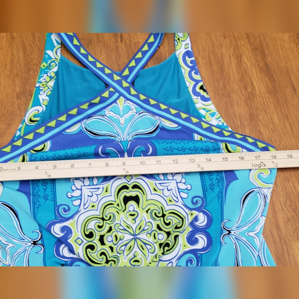 Hale Bob Blue & Aqua Printed Rare Crossback/Front Mini Dress Lining Large - Picture 6 of 8